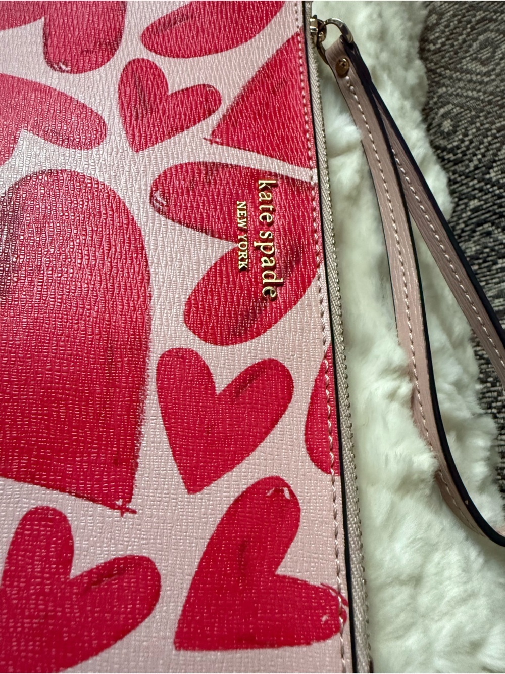 kate spade Pink Wristlet Clutch with Red Heart Print